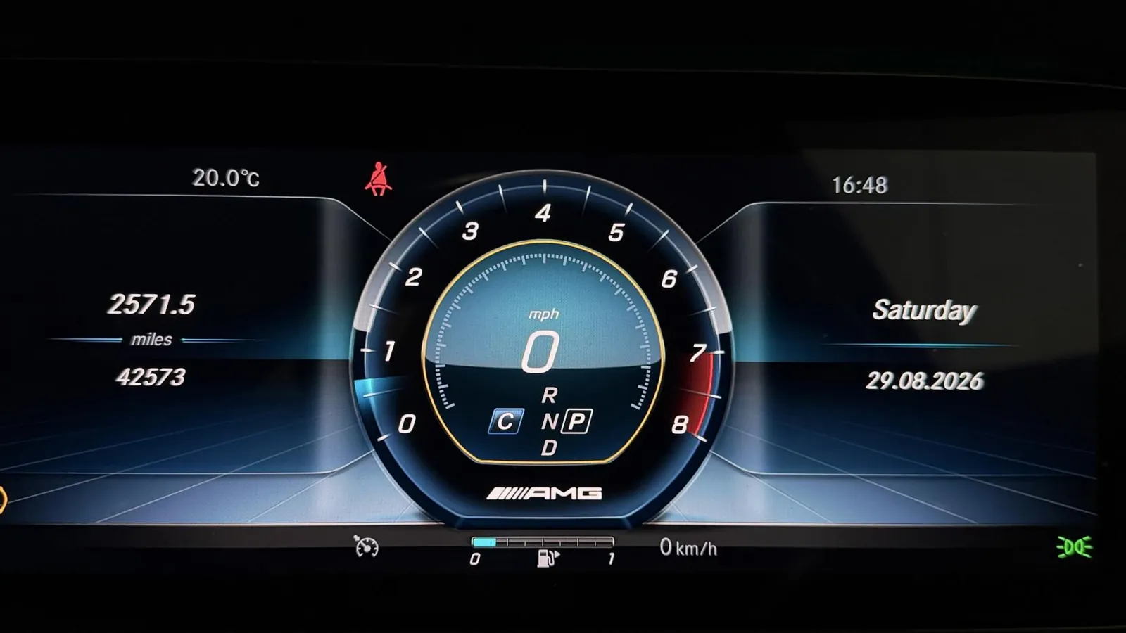 2019 Mercedes-Benz E Class — Instrument display showing the dials, 42,573 miles and the date