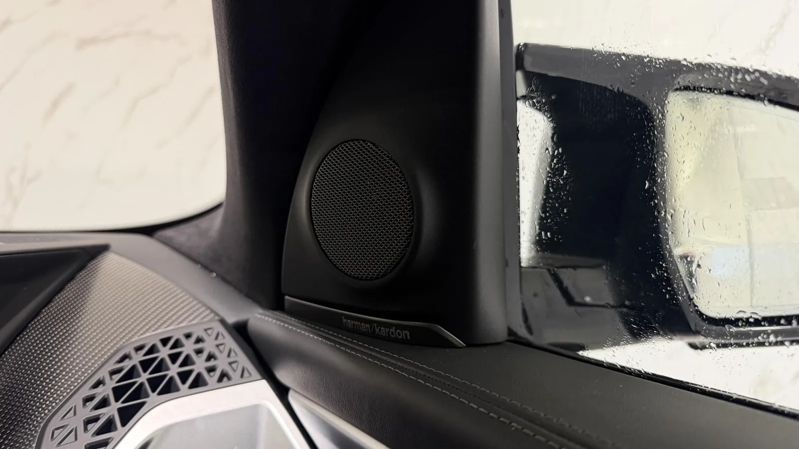 2024 BMW XM — Close view of a speaker grille in the door mirror sail panel