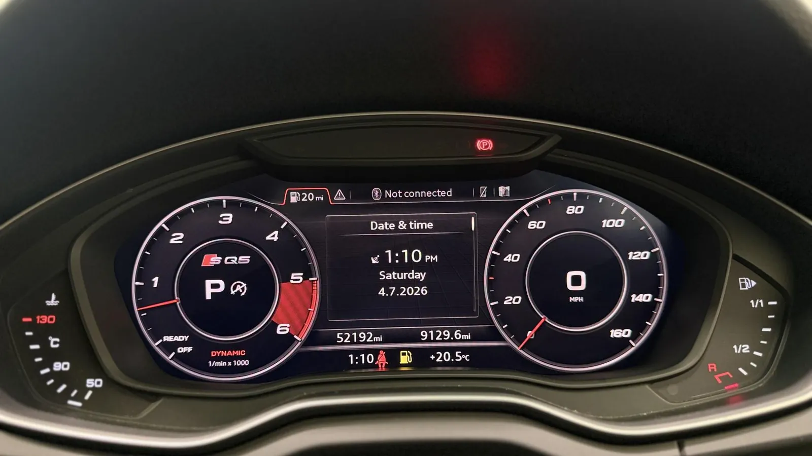 2020 Audi SQ5 — Instrument display showing the dials, date and 52,192 miles