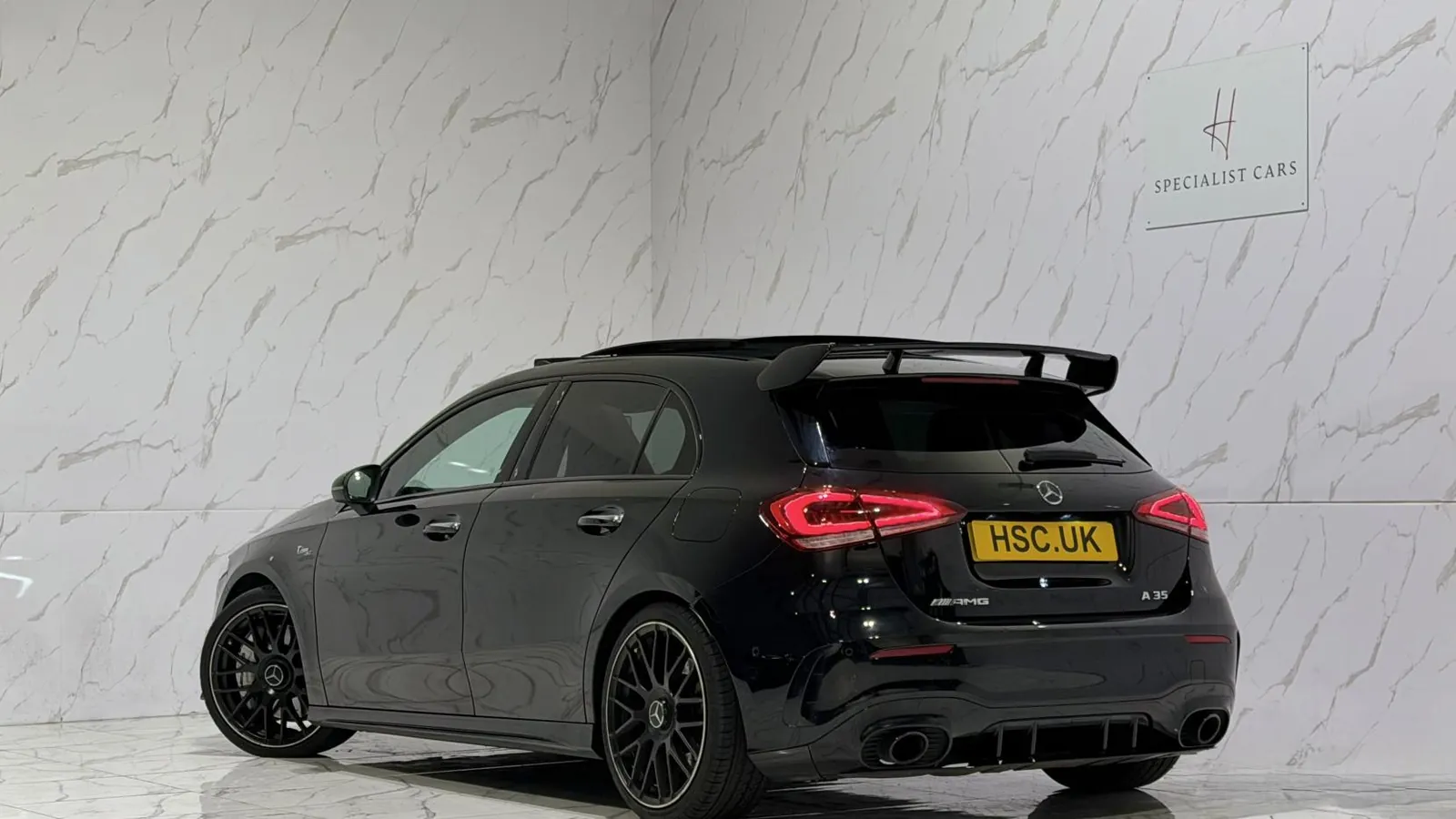 2019 Mercedes-Benz A Class — Rear three-quarter view showing the roof spoiler