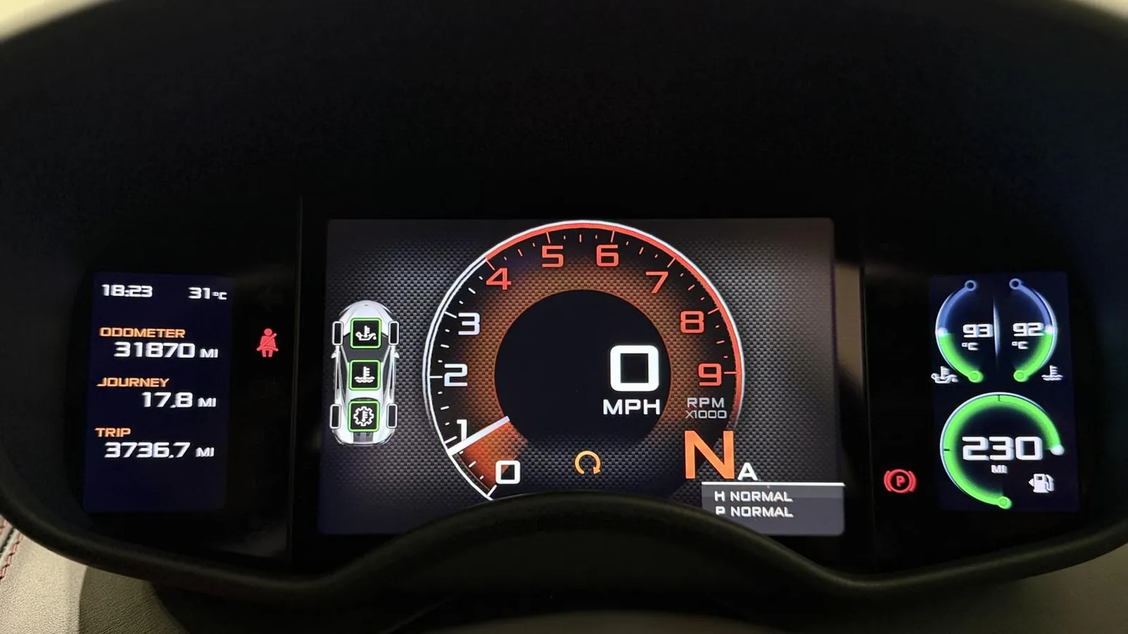 2017 McLaren 570S — Instrument display showing the rev counter, speed and 31,070 miles on the odometer