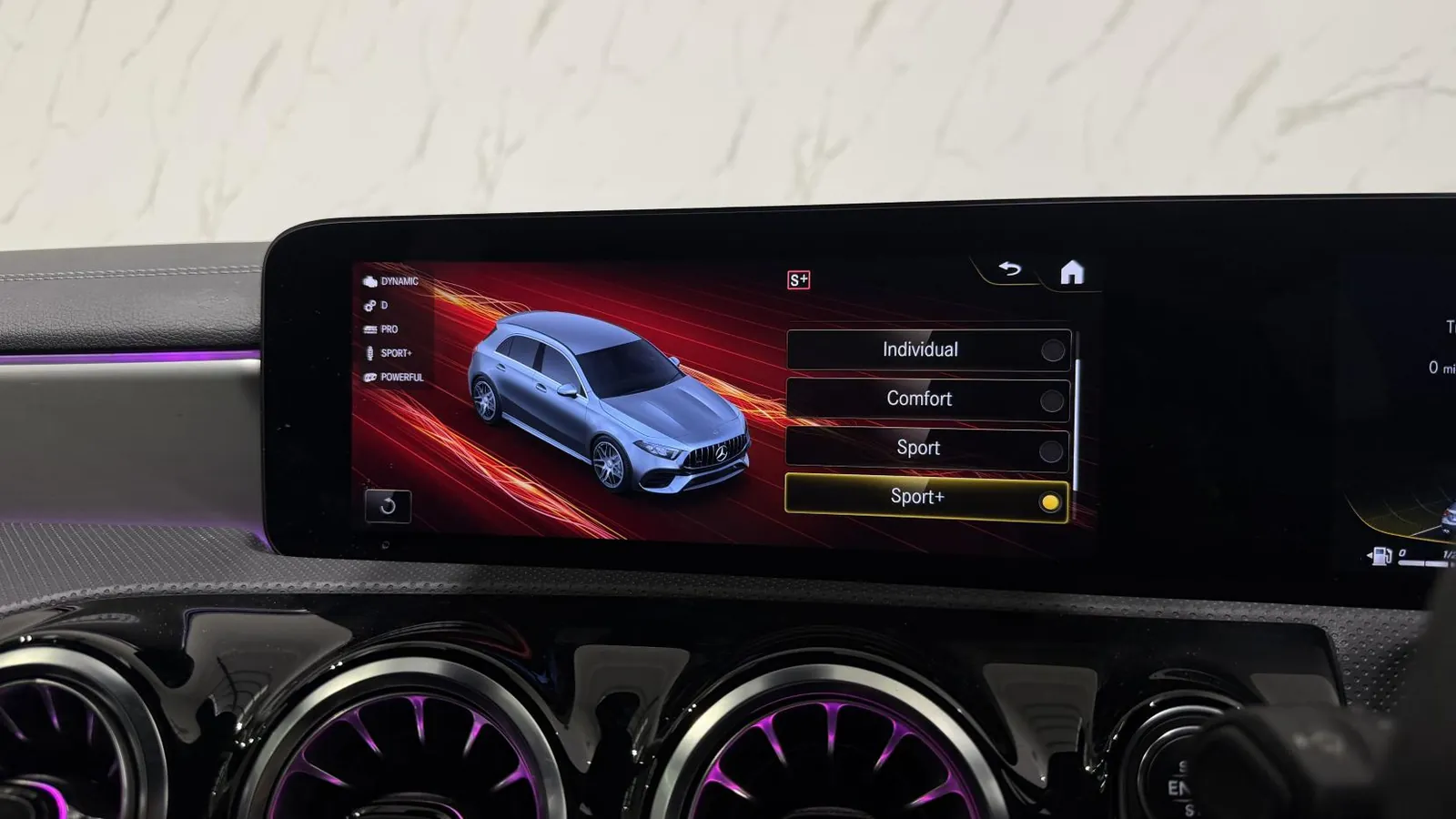 2023 Mercedes-Benz A Class — Centre screen showing the drive-mode menu, above the air vents