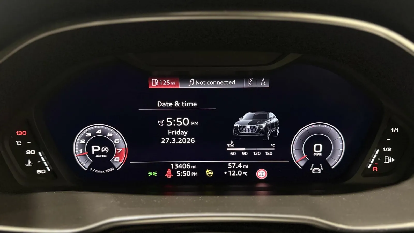 2020 Audi Q3 — Digital instrument display showing the dials, date and 13,406 miles
