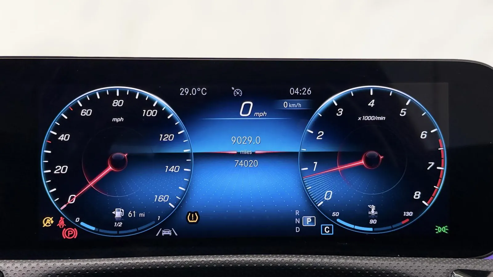 2022 Mercedes-Benz CLA — Instrument display showing the dials and 74,020 miles