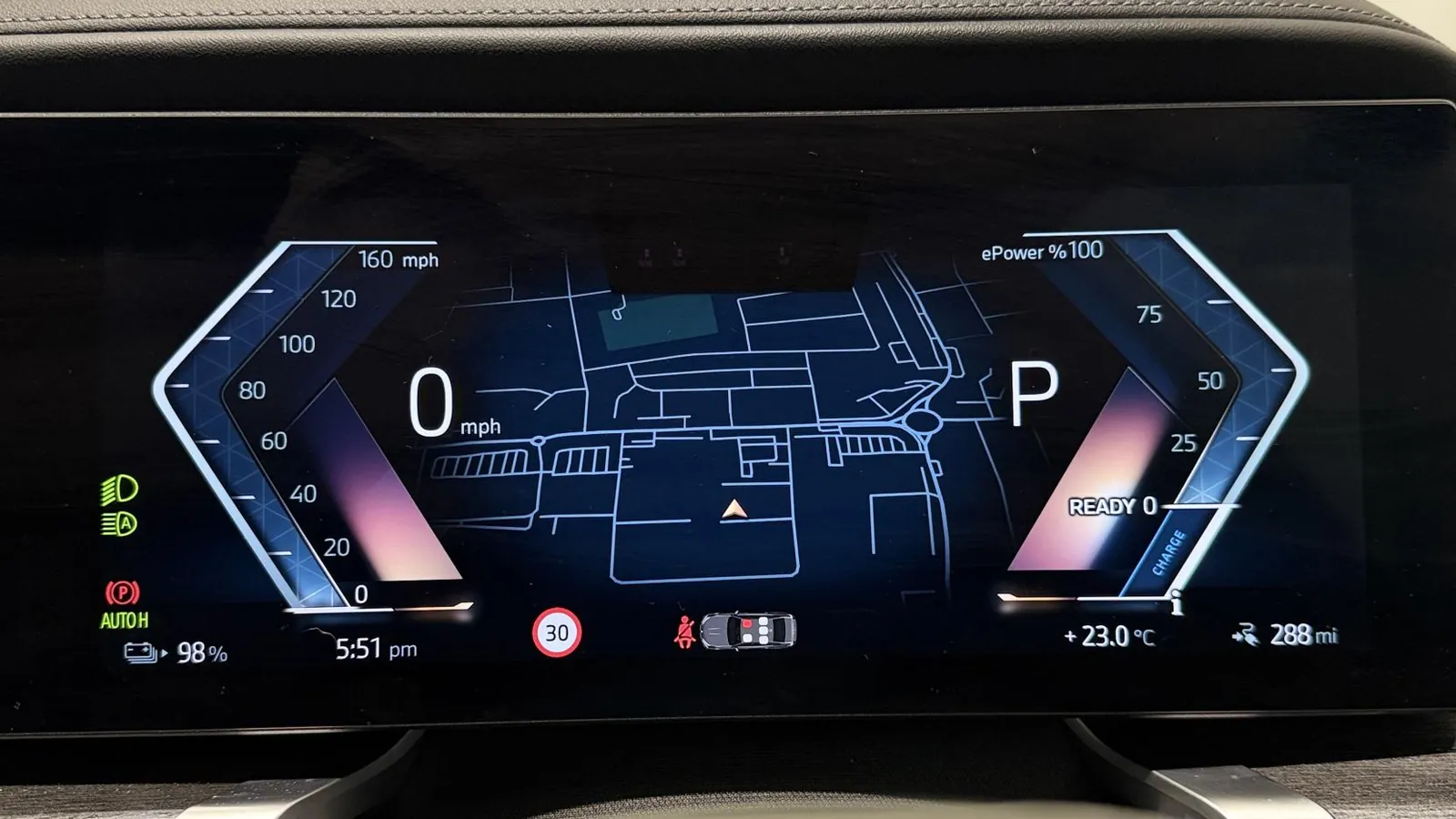2023 BMW i7 — Digital instrument display showing 0 mph in Park and a 288-mile range
