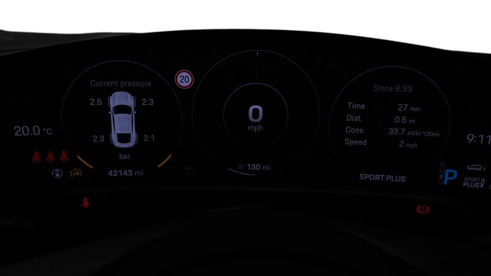 2020 Porsche Taycan — Curved instrument display showing 42,145 miles in Sport Plus