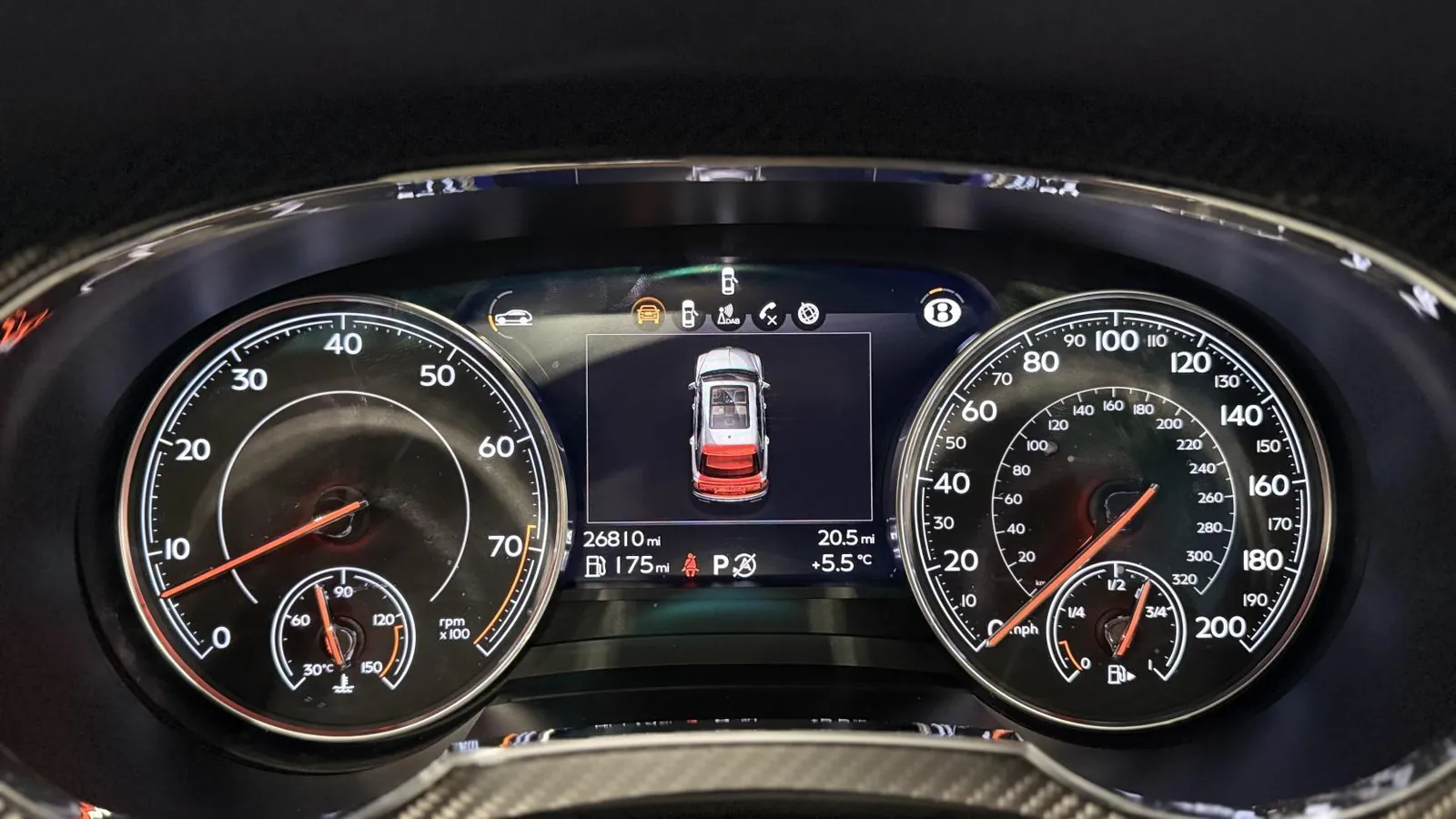 2019 Bentley Bentayga — Instrument display showing the dials and central screen