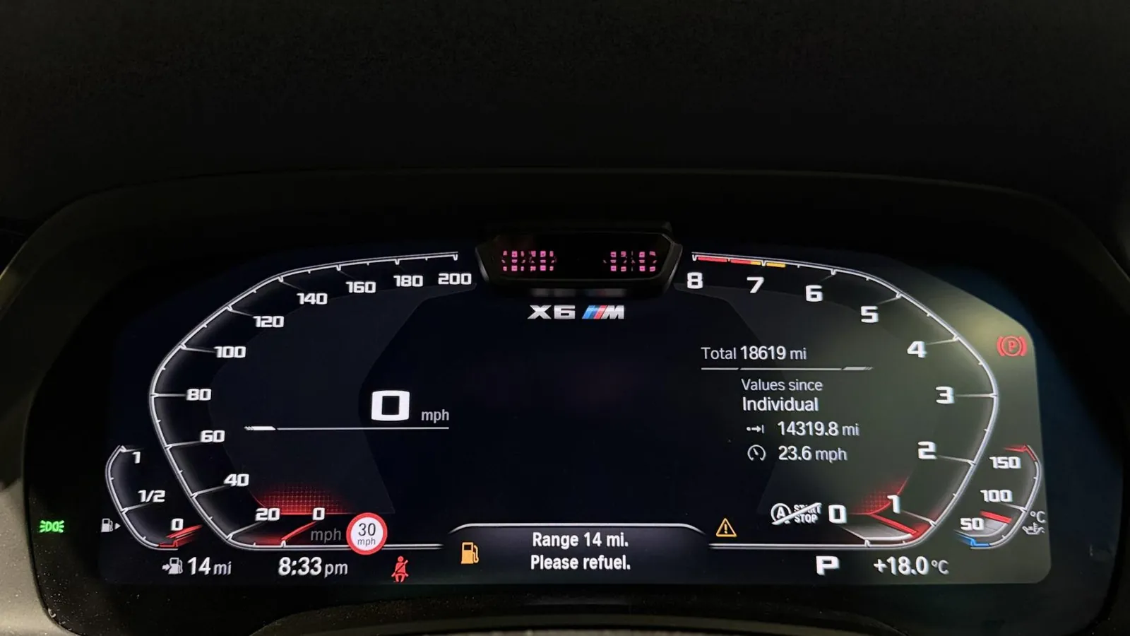2022 BMW X6 M — Instrument display showing the dials, 18,619 miles and a 14-mile range