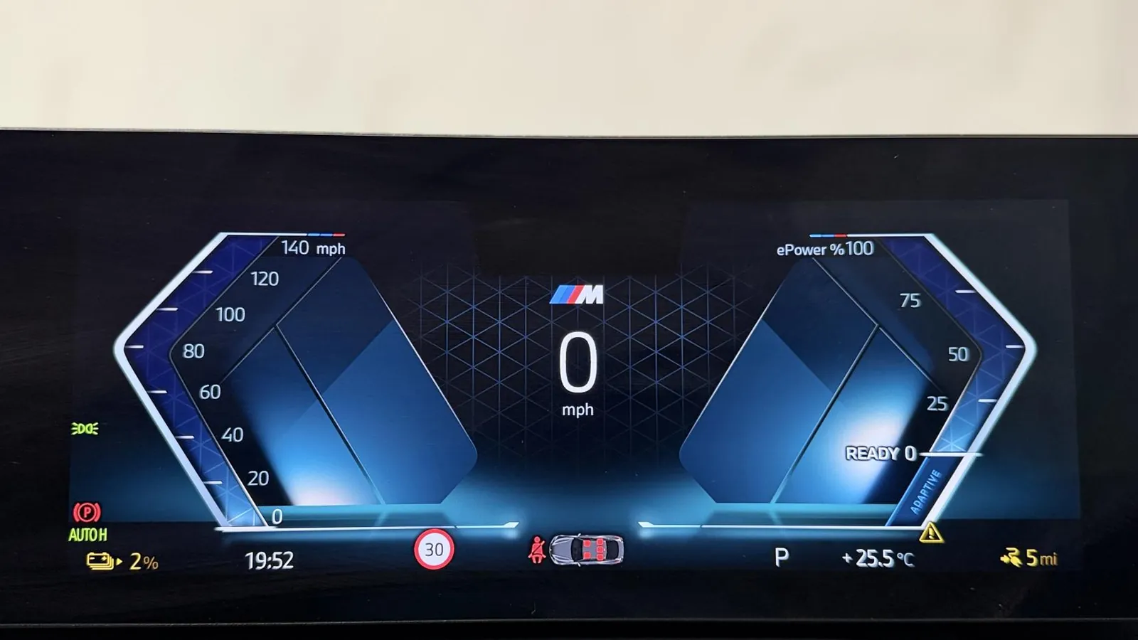 2023 BMW i4 — Digital instrument display showing 0 mph in Park