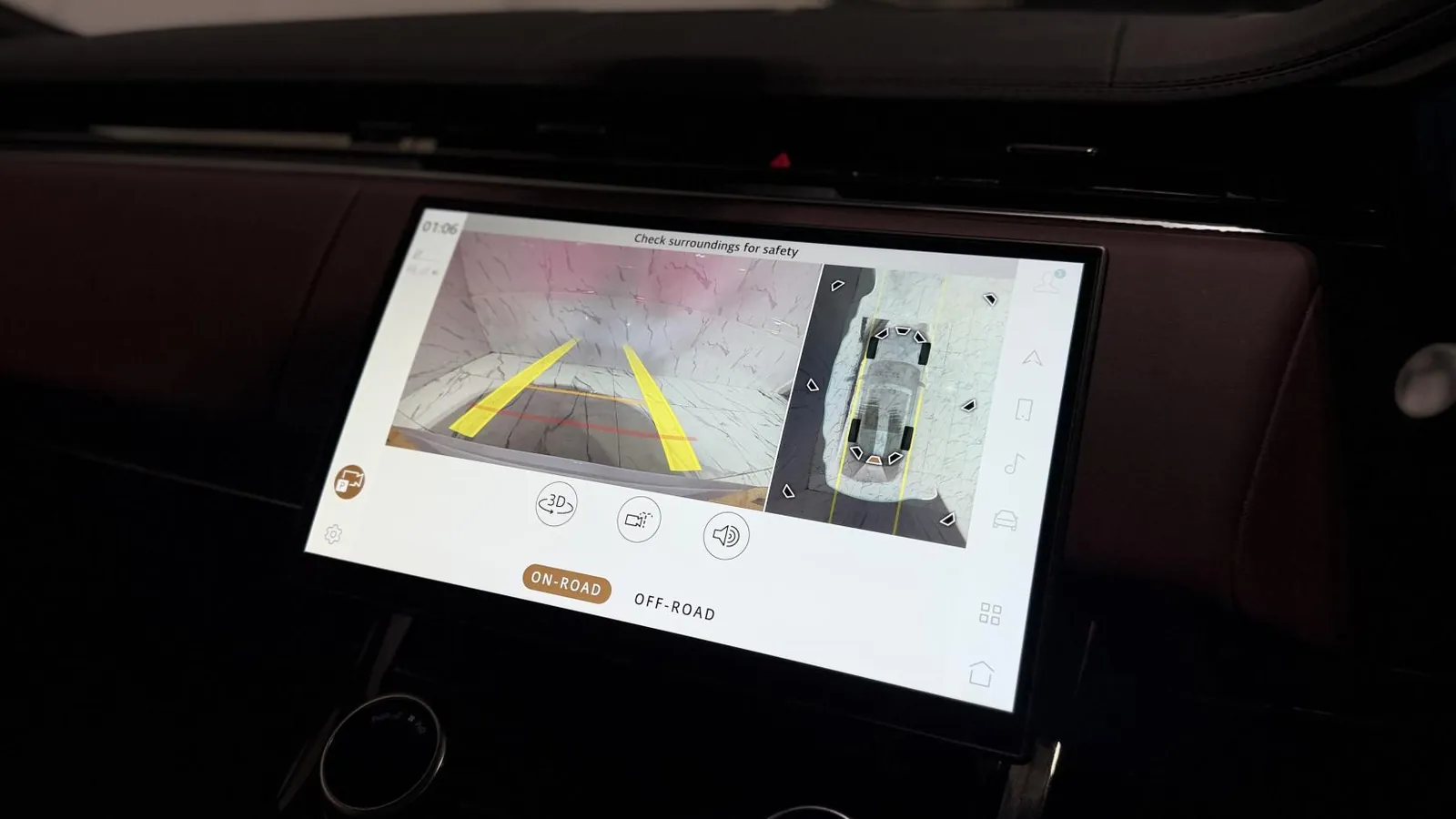 2023 Land Rover Range Rover Sport — Centre screen showing the parking camera and overhead view
