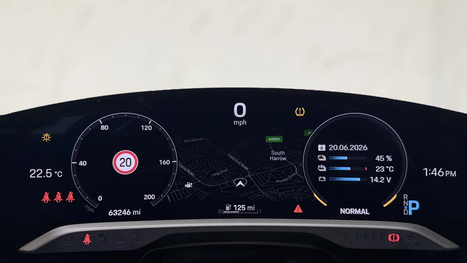 2020 Porsche Taycan — Curved instrument display showing 0 mph and 63,246 miles