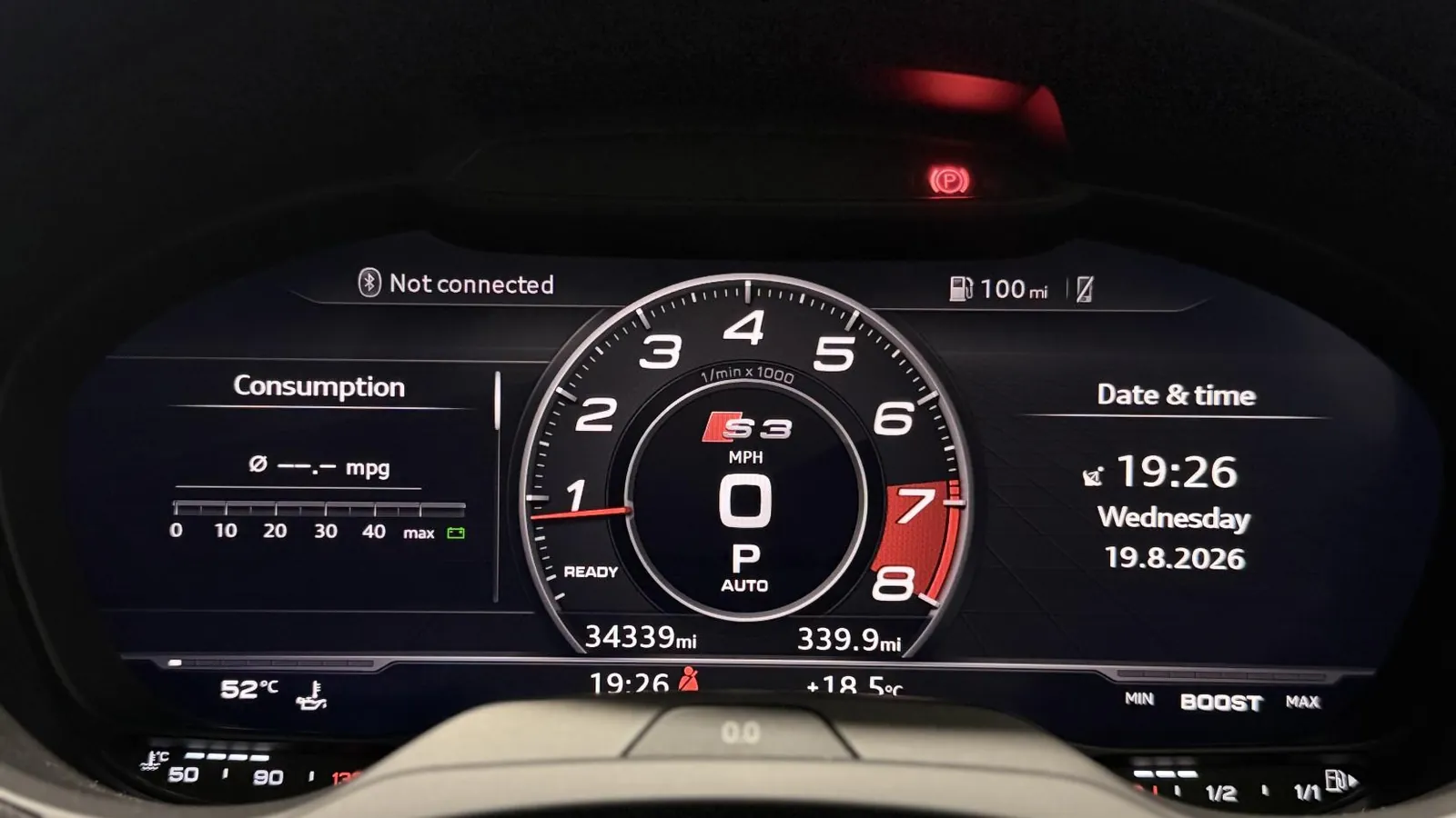 2020 Audi S3 — Digital instrument display showing the rev counter and 34,339 miles